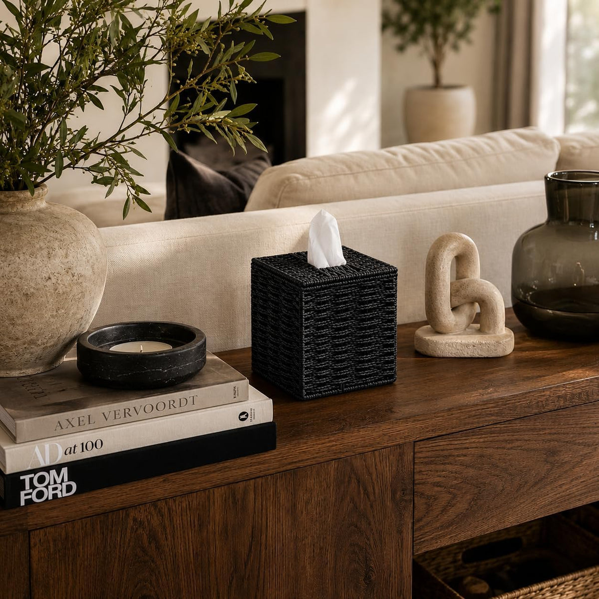 Black Tissue Box Cover, Hand Woven Square Tissue Box Holder