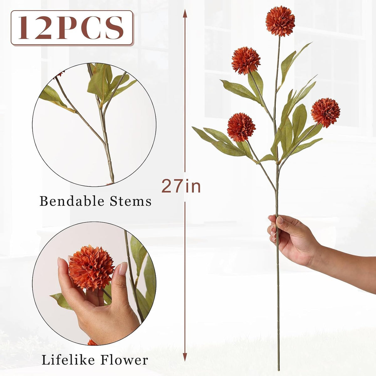12Pcs 27"Artificial Fall Pompon Mum Stem Silk Flower for Vase Decor(Orange)