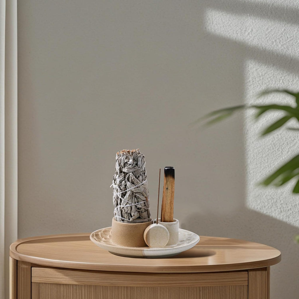 4 in 1 Incense Holder, Ceramic Incense Stick and Palo Santo Holder,Sage Holder for Burning- 5.5" Ceramic Ash Catcher Tray for Meditation and Yoga Room (Sand)