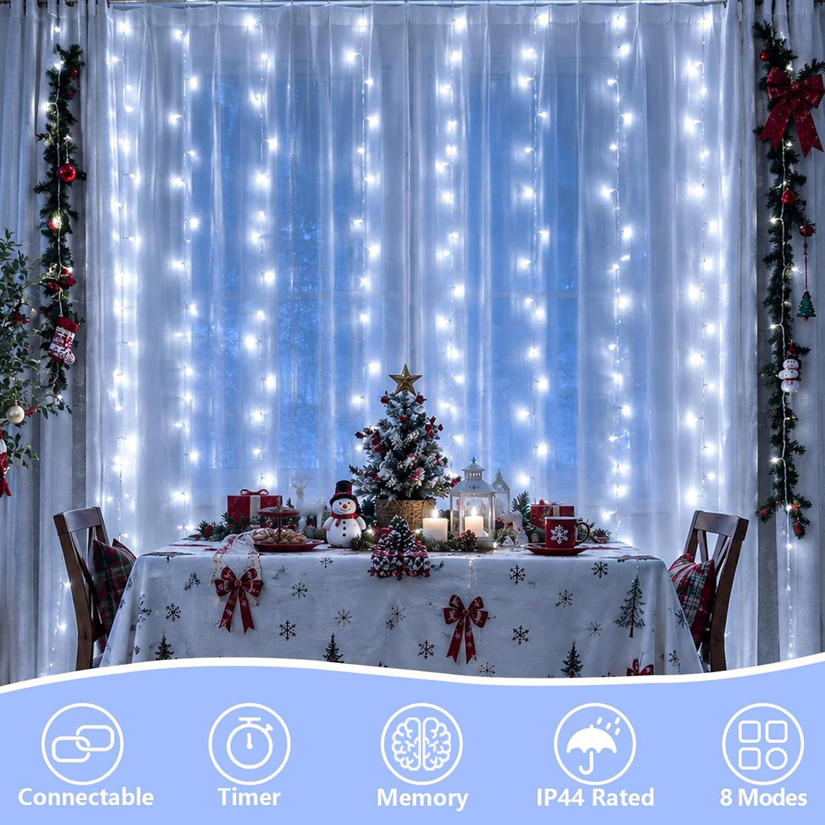 YEGUO 300 LED White Christmas Lights, Curtain Lights Plug in, 8 Modes Hanging String Lights for Bedroom Wall Window Backdrop Indoor Outdoor Party Xmas Decorations-9.8x9.8ft