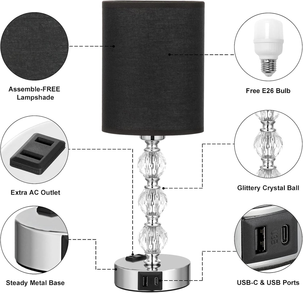 Black Touch Bedside Lamps for Bedrooms - Crystal Table Lamp with USB C+A Charging Port and AC Outlet Nightstand, 3 Way Dimmable Silver Small End Side Table Lamp for Living/Guest/Dinning Room/Kitchen
