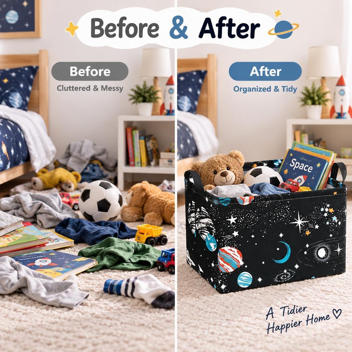 Space Storage Basket, Rectangular Cotton Linen Blend Organizer Bin with Handles, Foldable Black Galaxy Planet and Star Storage Box for Shelves, Closet, Bedroom and Dorm Room