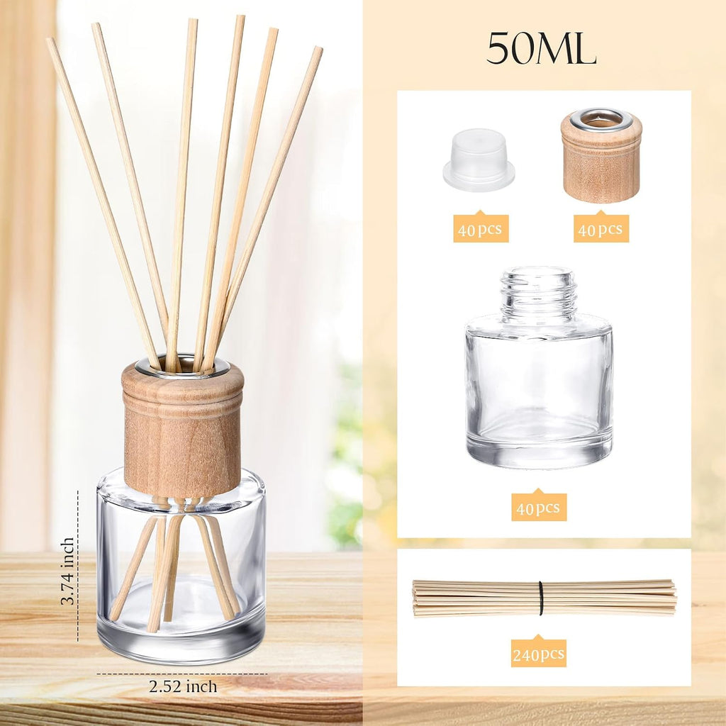 Roshtia 40 Set Reed Diffuser Bottle Empty Refillable Fragrance Glass Diffuser Bottles Set with Wooden Caps Sticks 50ml 1.7 oz Round Glass Jars for DIY Fragrance