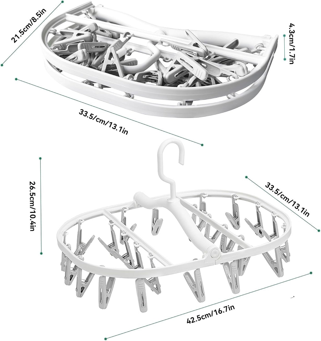 Premium Foldable Clothes Drying Hanger with 24 Clips, Anti-Rusty Plastic Drying Rack for Socks, Lingeries, Delicates and Baby Clothes (Grey)