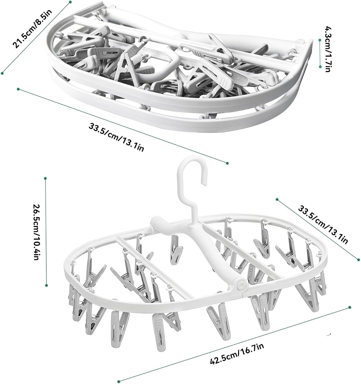 Premium Foldable Clothes Drying Hanger with 24 Clips, Anti-Rusty Plastic Drying Rack for Socks, Lingeries, Delicates and Baby Clothes (Grey)
