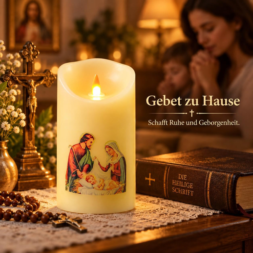 QQFCTOO LED Prayer Flameless Candle with Remote Timer, Battery Powered Candle, Religious Candle, Real Wax, for Home Altar, Church, Devotional ，6" x 3.2"(Holy Family Statue)