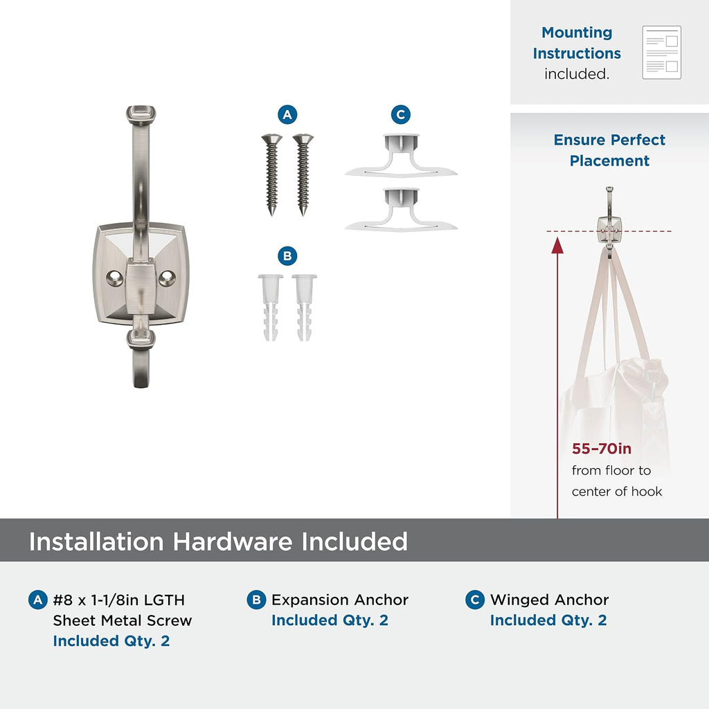 Amerock Kinsale Double Prong Satin Nickel Wall-Mounted Hook