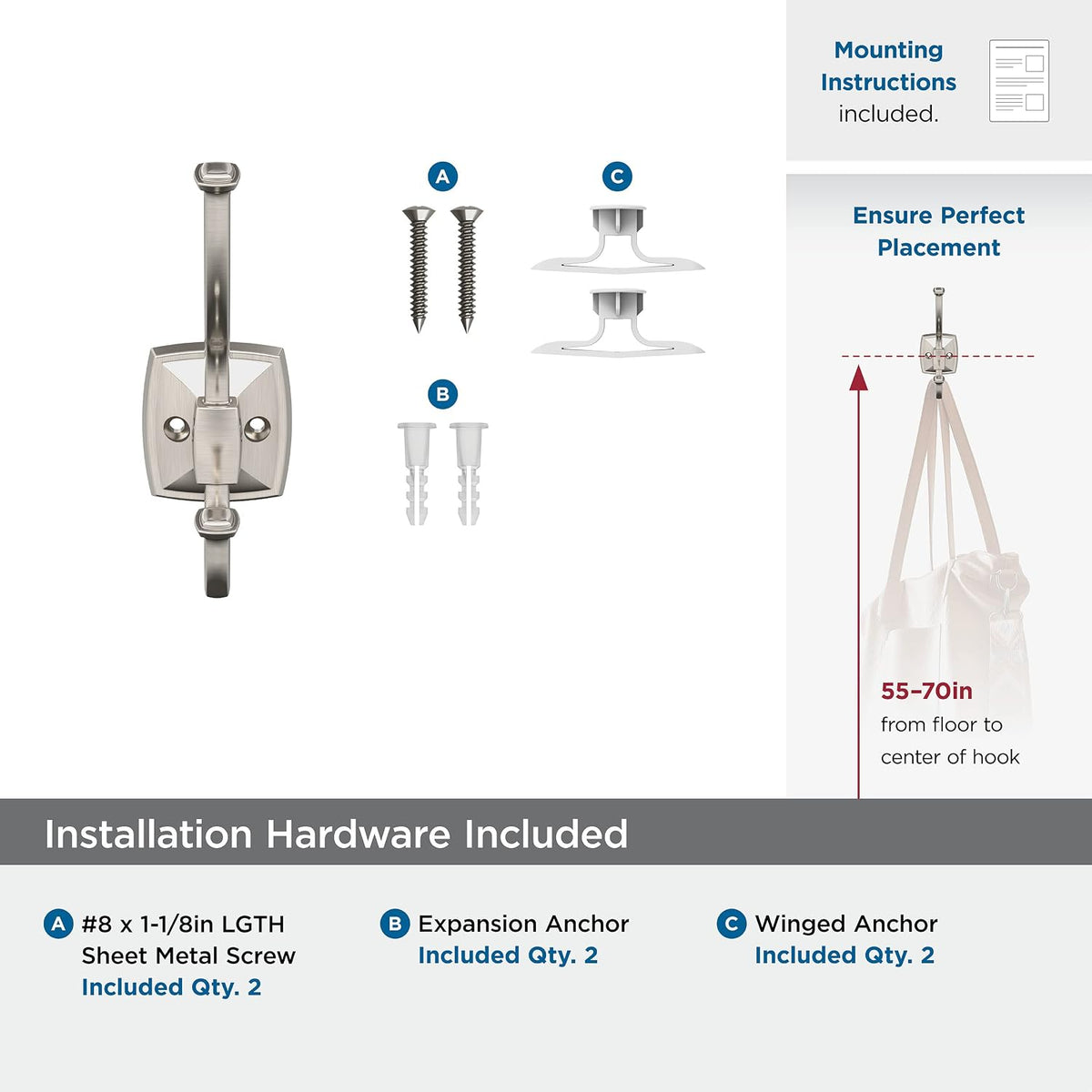 Amerock Kinsale Double Prong Satin Nickel Wall-Mounted Hook