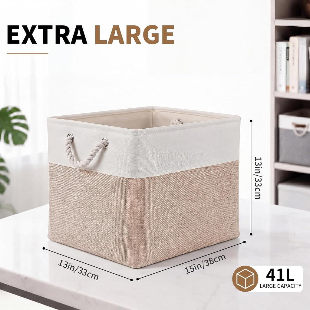 13×15×13 Inch 6 Pack Foldable Fabric Storage Basket with Handles,Extra Large Storage Basket,Decorative Storage Basket for Organizing Clothes, Toys, Books(White&Beige)