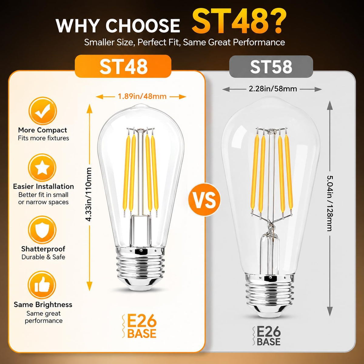 6pack LED Light Bulbs, Shatterproof Edison Bulbs 60 Watt Equivalent, E26 Base Warm White 2700K Bulb, Vintage Decorative Fixture Light Bulbs for Home Lighting, Bathroom, Bedroom, Hallway, Non-dimmable