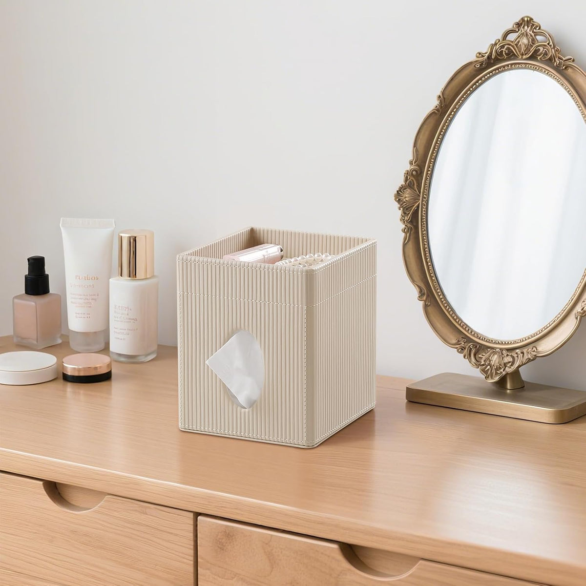 Square Tissue Box Cover with Storage Tray, Tissue Box Organizer, Beige