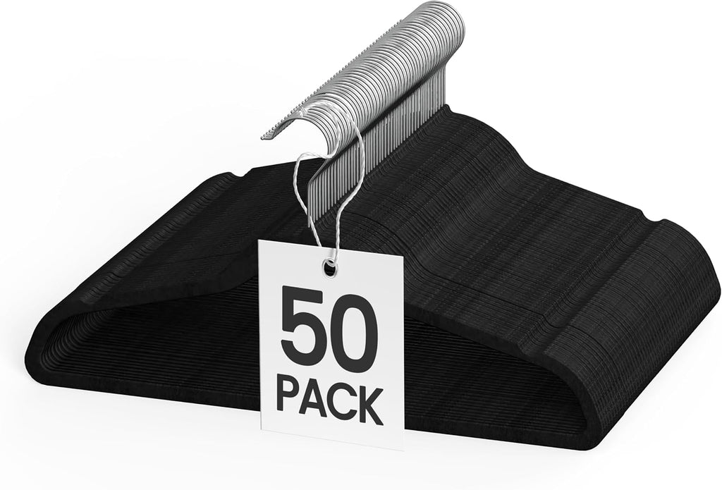 YSSOA Heavy Duty Velvet Hangers 50 Pack, 360° Swivel Hooks, Non-Slip Clothes Hangers with Shoulder Notches, Black