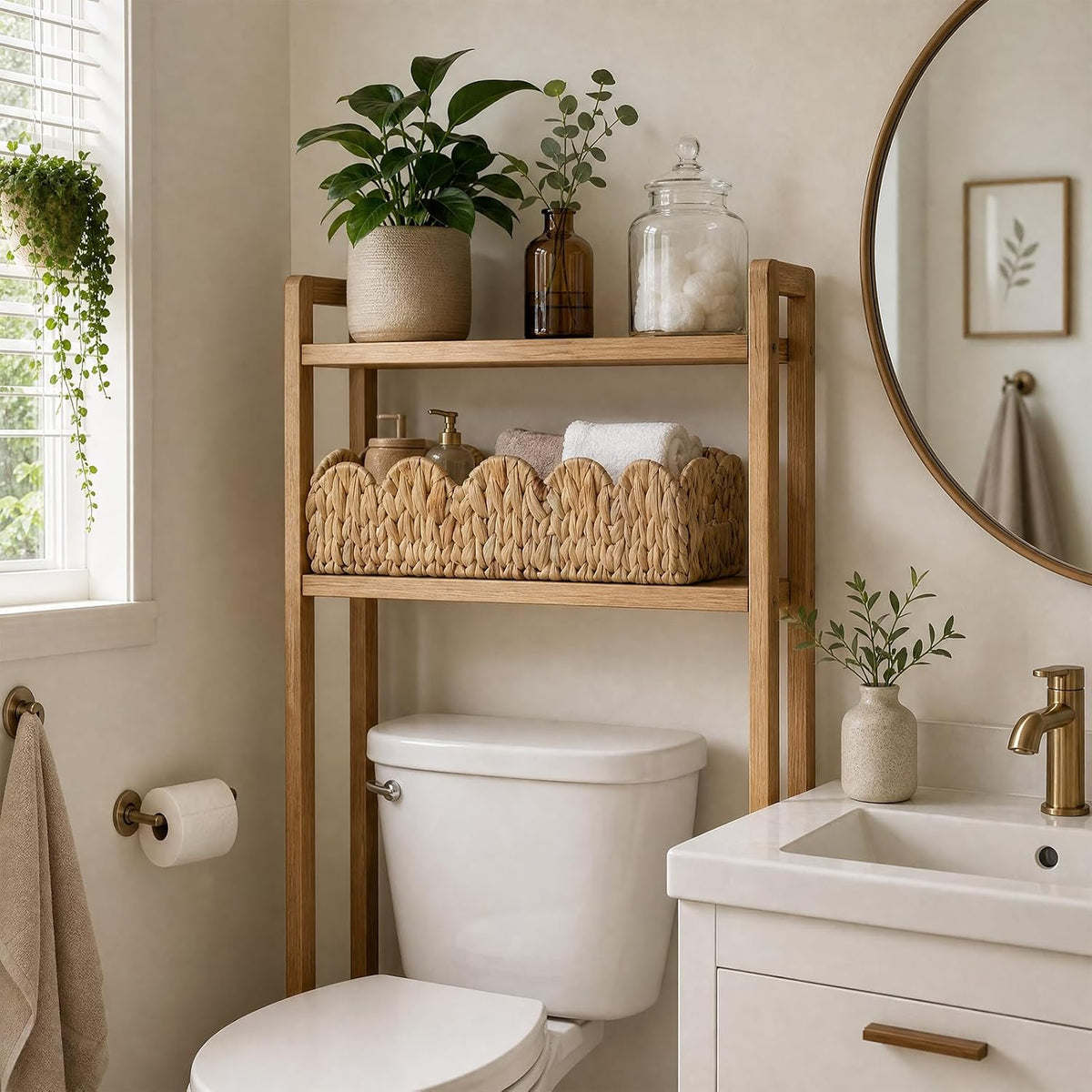 2 Pack Scalloped Water Hyacinth Toilet Tank Basket for Bathroom Decor