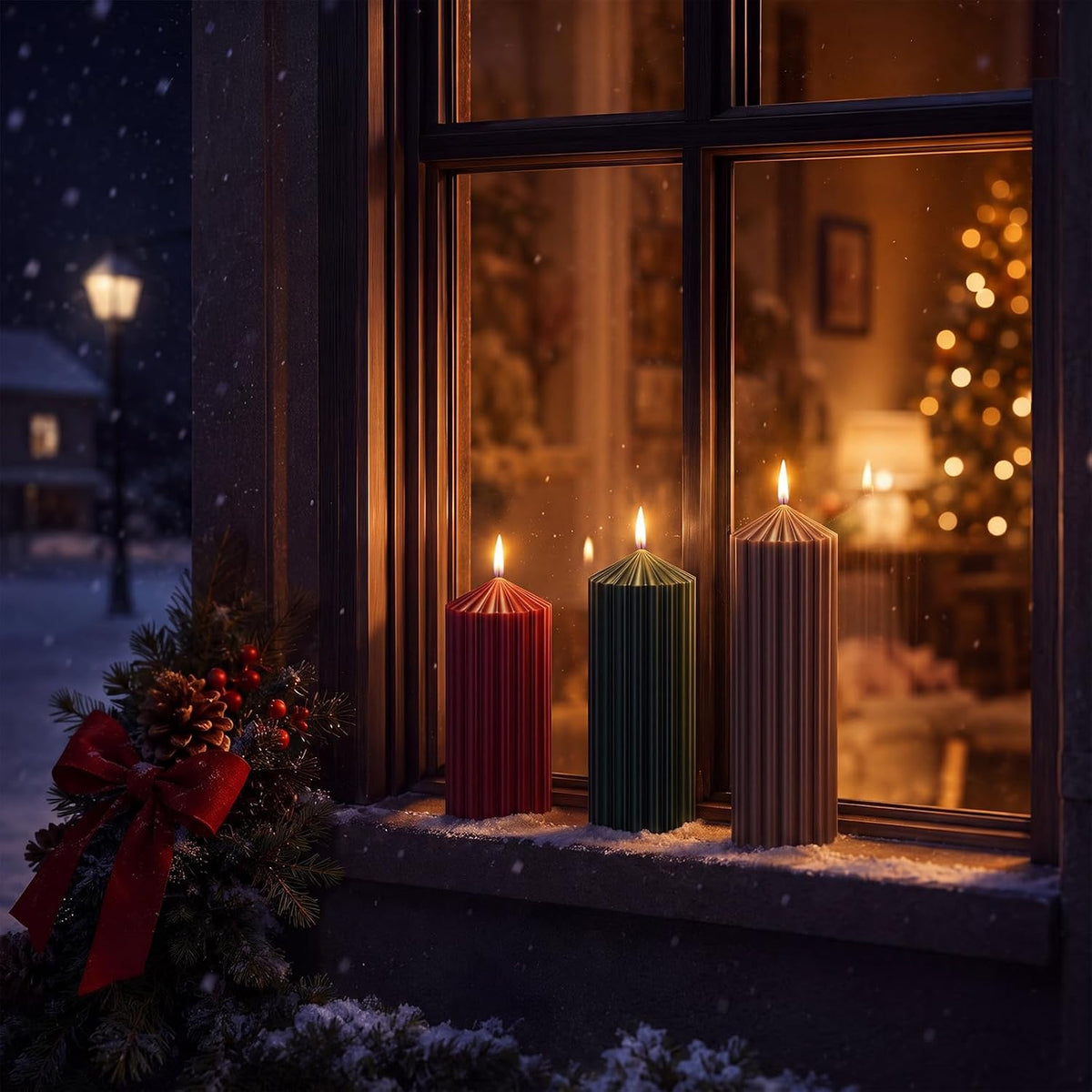 Mtlee 3 Pack Christmas Ribbed Pillar Candles, Burgundy, Forest Green, Brown
