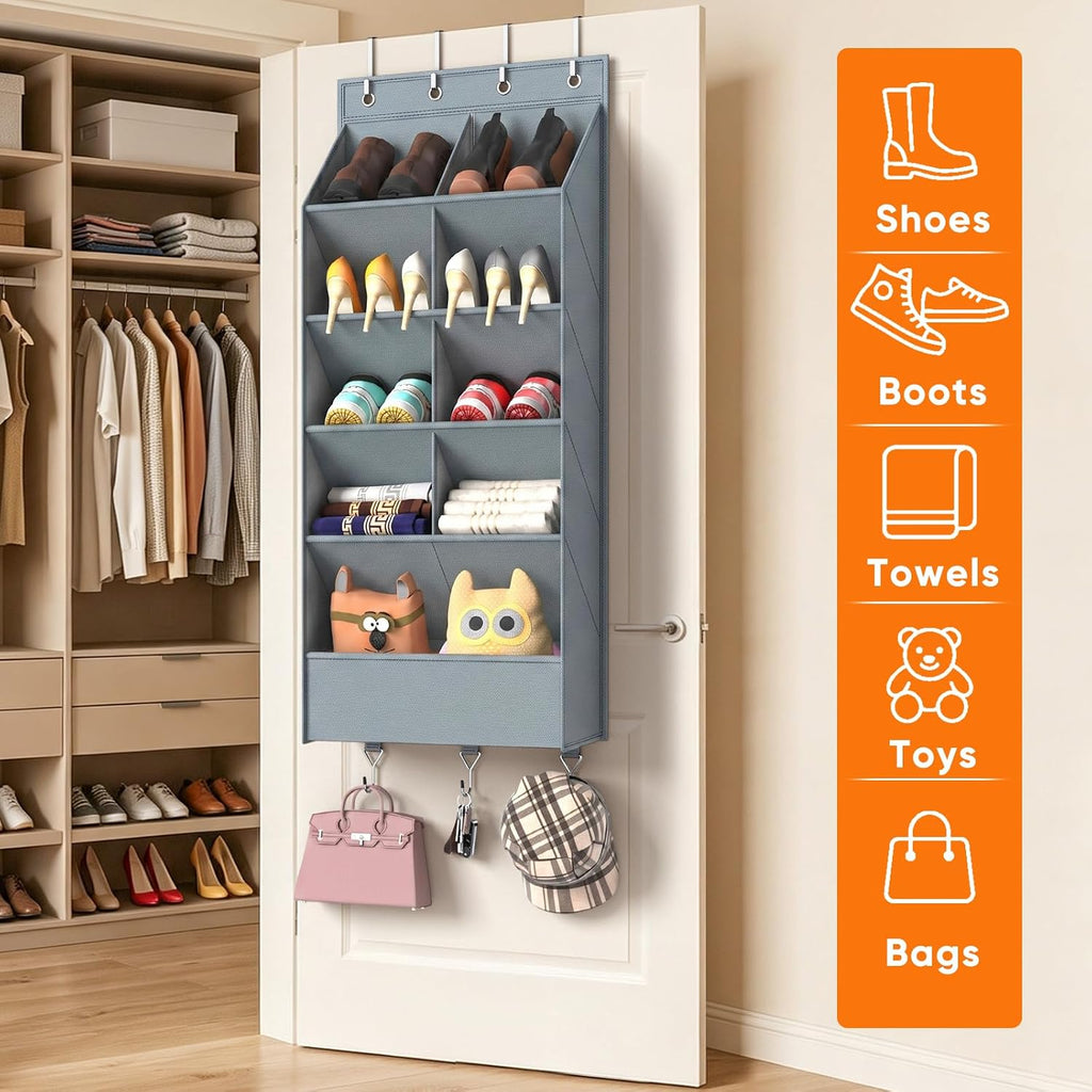 Over the Door Shoe Organizer, 5 Tiers with 9 Compartments, Grey
