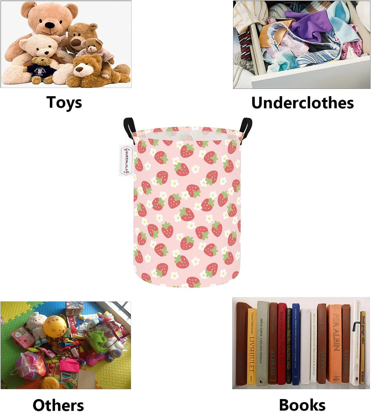 Foldable Waterproof Round Fabric Laundry Basket Home, Pink Strawberry