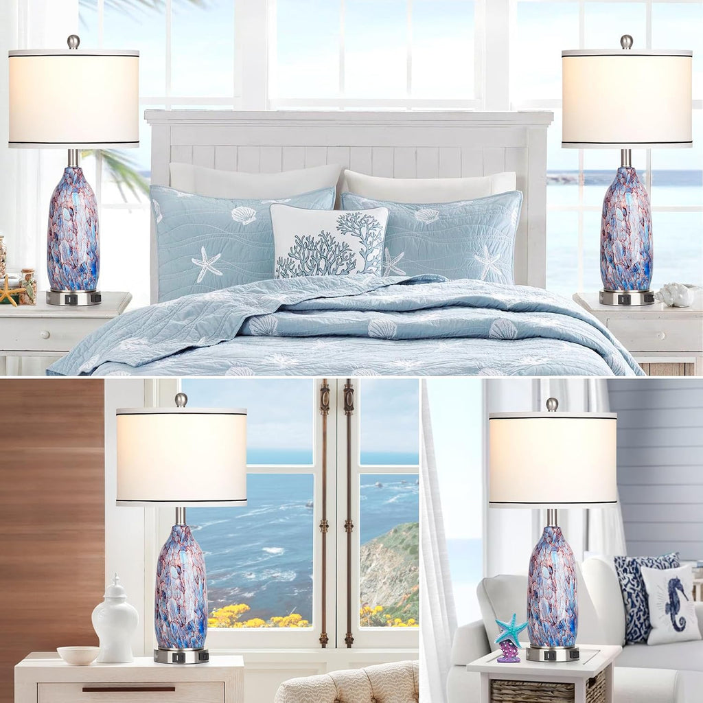 Rinweey 26" Coastal Glass Table Lamps Set of 2,Nautical lamp with USB A+C Ports & AC Outlet,Bule Bedside Lamps with 3-Way Dimmable Touch Control Night Light for Bedroom Living Room(Bulbs Included)