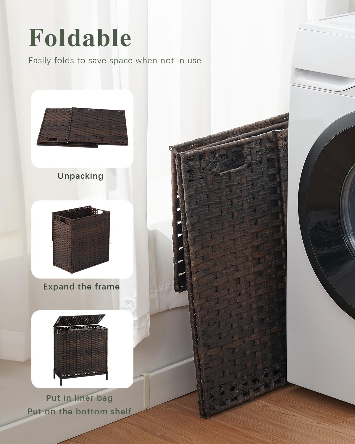 SETVSON Laundry Hamper with Lid, 35 Gal 3-Bag Clothes Sorter, Brown