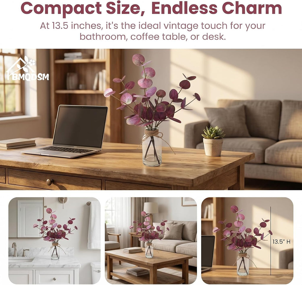 Artificial Eucalyptus Stems in Glass Vase with Faux Water,13.5" Fake Plants for Bathroom Shelf Decor, Farmhouse Centerpieces for Tables, Small Desk Plants for Home Office Decor (Purple)