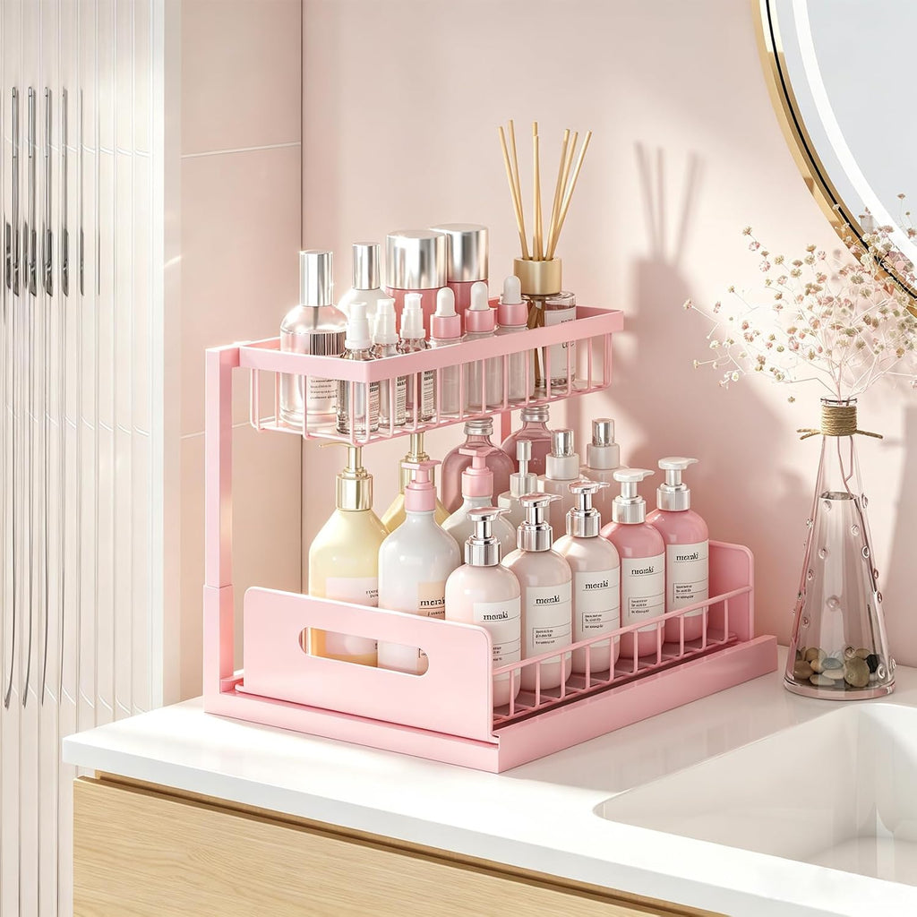 REALINN Pink Countertop Organizer, 2 Tier Vanity Shelf with Sliding Drawer