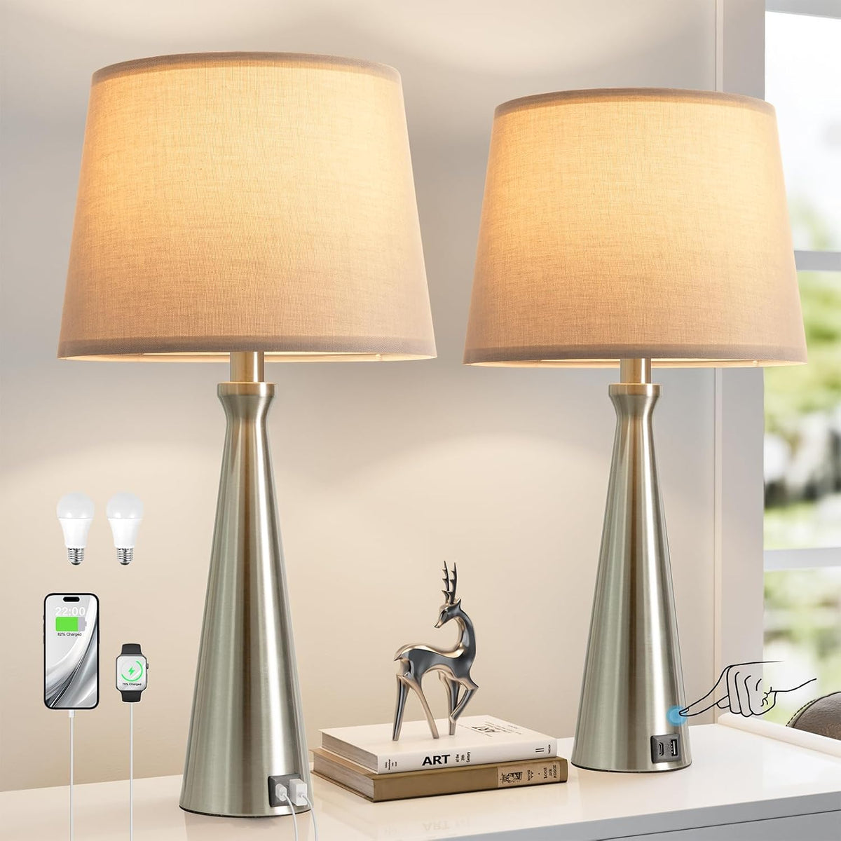 Seealle Touch Table Lamps for Living Room Set of 2（Grey Shade）