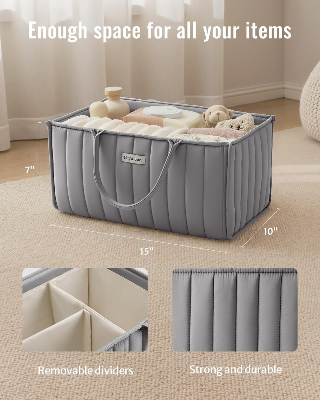 Blissful Diary Baby Diaper Caddy Organizer, Nursery Storage, Light Gray
