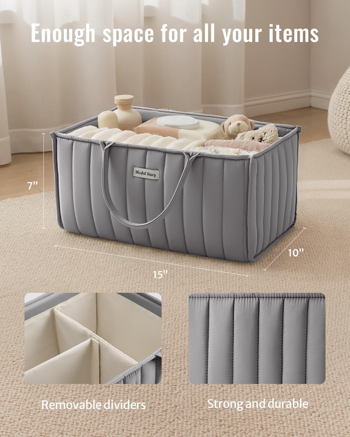 Blissful Diary Baby Diaper Caddy Organizer, Nursery Storage, Light Gray