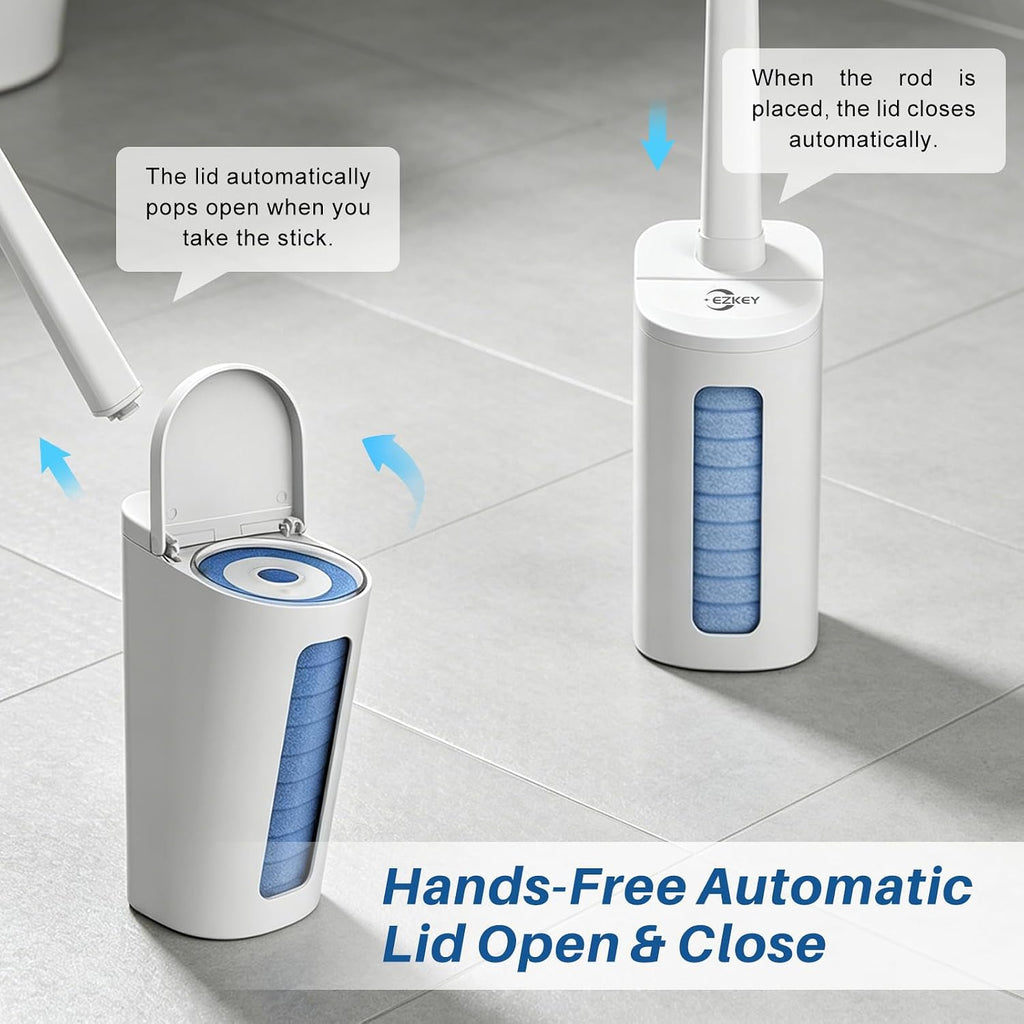 Disposable Toilet Brush Set with Automatic Lid 20 Replacement Heads, White