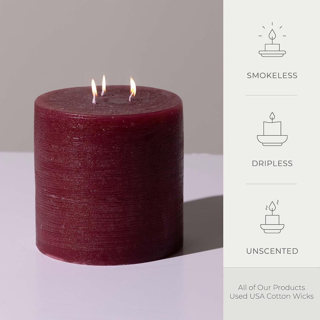 Bask Large Mottled Pillar Candles - Unscented - 6-Inch Diameter for Extra-Wide Holders - 3-Wick Candles for Home and Events - Burgundy