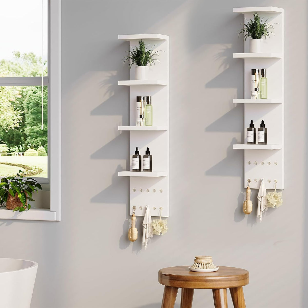 LitaEther 4 Tier White Lack Shelf Vanity Wall Shelf with 10 Crystal Hooks - Multi-Functional Storage for Makeup, Jewelry, Plants, Awards & Display (L7.1 x W5.5 x H30.7) (1)
