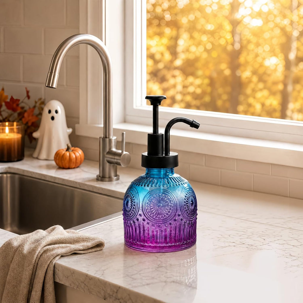 SheeChung 8oz Halloween Glass Soap Dispenser with Black Pump, Purple,2 Pack