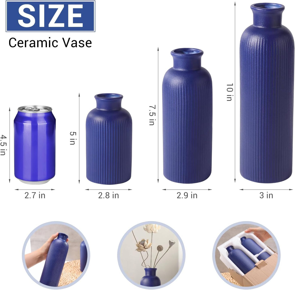 Small Navy Blue Ceramic Vase Set of 3, Boho Modern Navy Blue Flower Vase Room Decor, Farmhouse Decor, Vases for Your Kitchen, Bathroom, Bedroom, Living Room, Office&Shelf Centerpiece Table Decorations