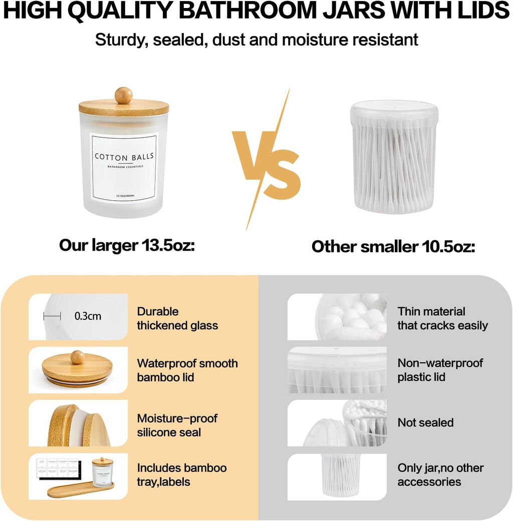 3 Pack Qtip Holder Bathroom Set with Tray,13.5oz Cotton Round Ball Pad Holder Cotton Swab Floss Pick Dispenser,Glass Apothecary Jars Canisters with Lids,Bathroom Organizers and Storage Container