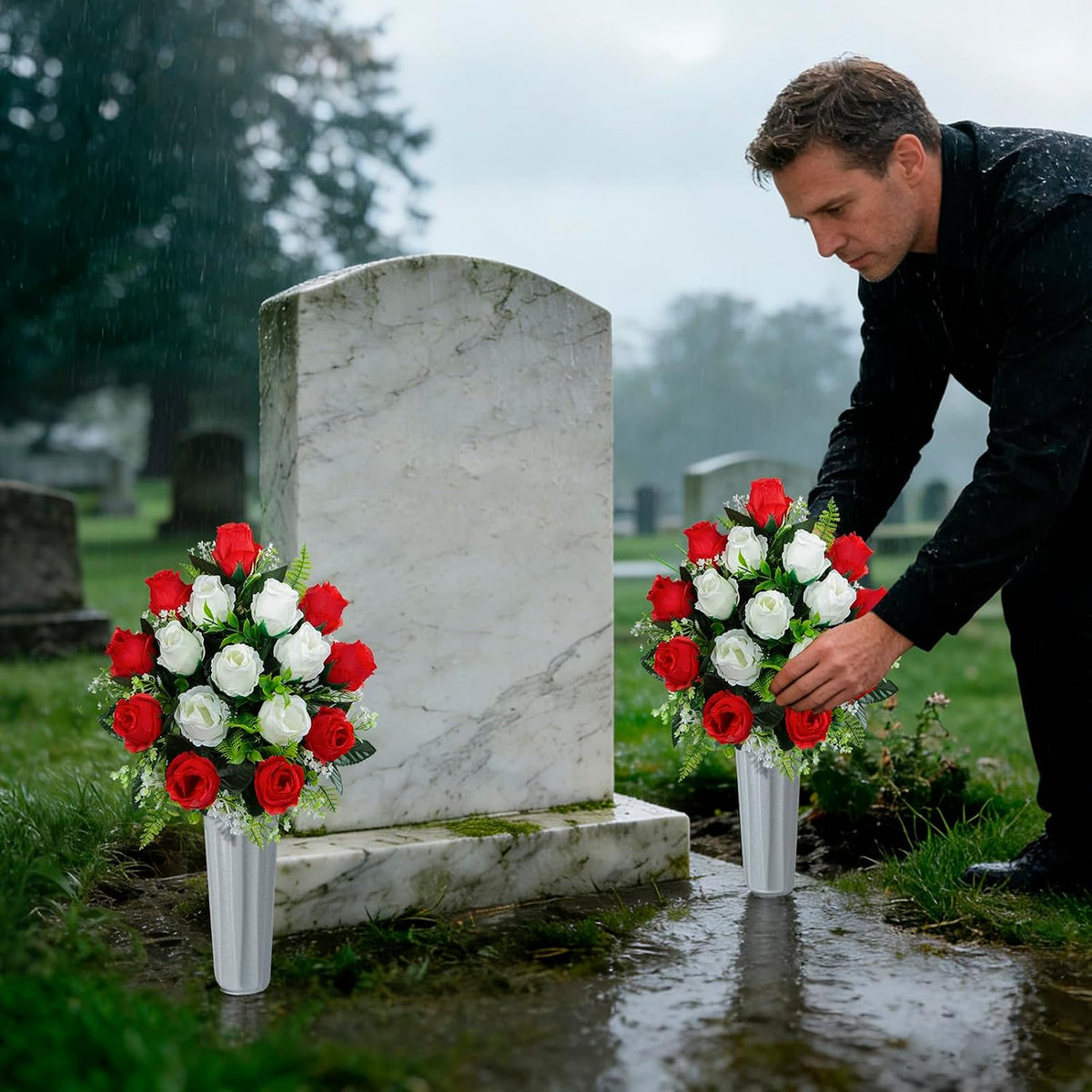 Set of 2 Artificial Cemetery Flowers with Vase, Artificial Grave Flowers Outdoor Memorial Rose Bouquets for Cemetery Headstone Graveyard Decor (Red White)