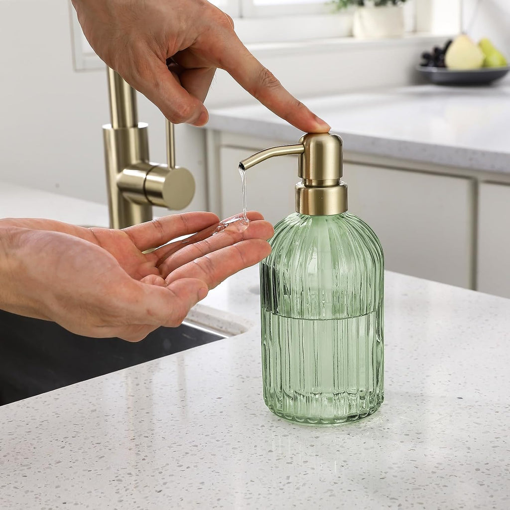 Avola Green Glass Soap Dispenser, Vertical Stripes Bathroom Hand Soap Dispensers with Brushed Gold Pump, 16 Oz Glass Kitchen Dish Soap Dispenser,Stainless Steel Liquid Green Soap Dispensers
