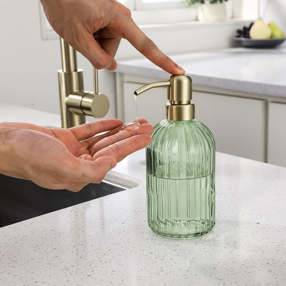 Avola Green Glass Soap Dispenser, Vertical Stripes Bathroom Hand Soap Dispensers with Brushed Gold Pump, 16 Oz Glass Kitchen Dish Soap Dispenser,Stainless Steel Liquid Green Soap Dispensers