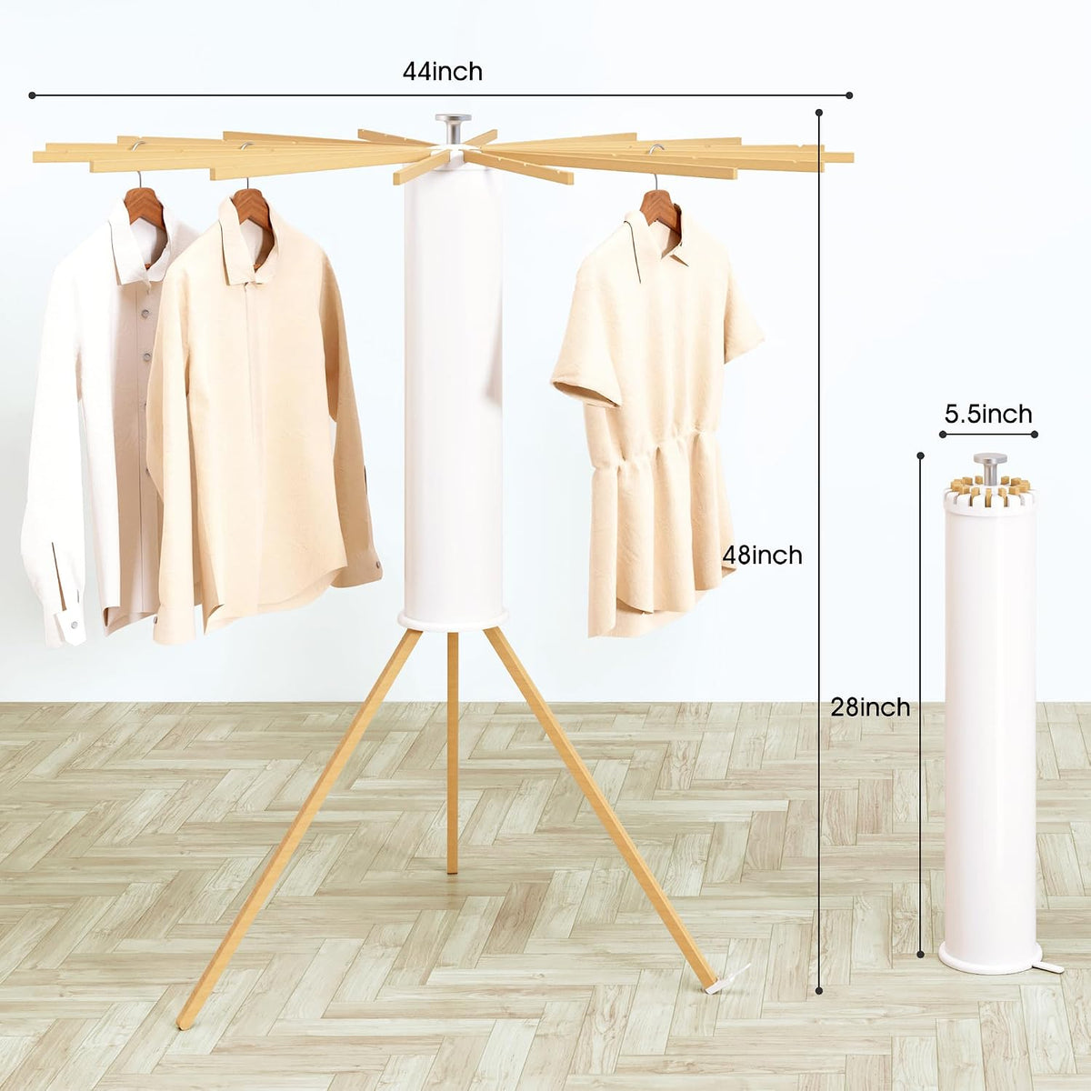 Heavy-Duty Wooden Tripod Clothes Drying Rack, 16 Rods, Large Capacity, 360° Airflow Umbrella Dryer, Foldable Space-Saving Floor Stand for Indoor Outdoor Use