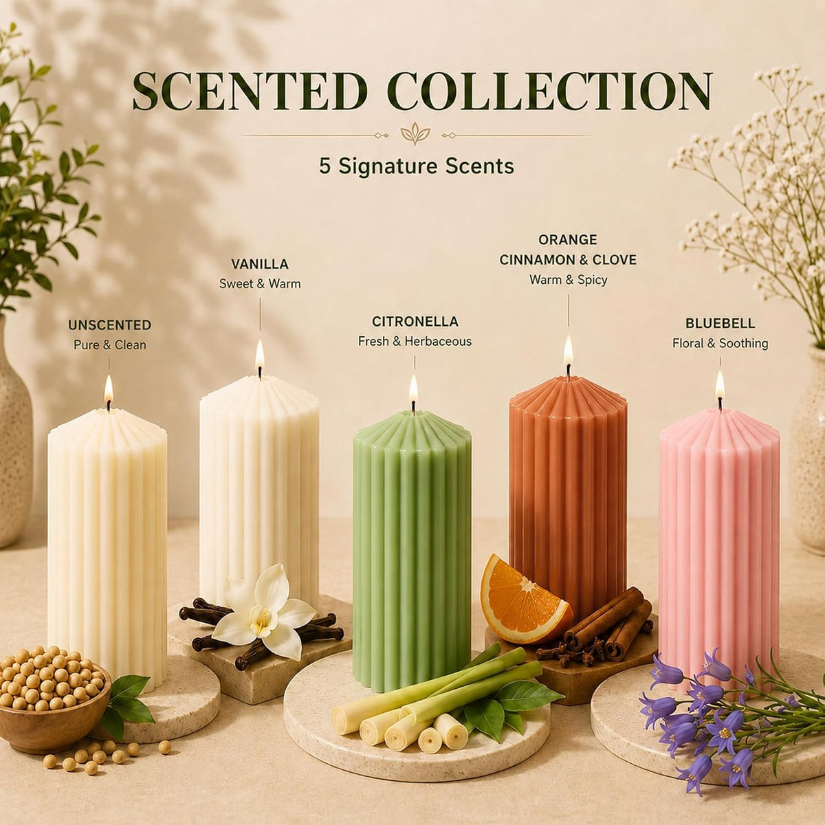 Ribbed Decorative Scented Pillar Candles, 3 Pack,2.8 x 4/6/8 Inch, Pink