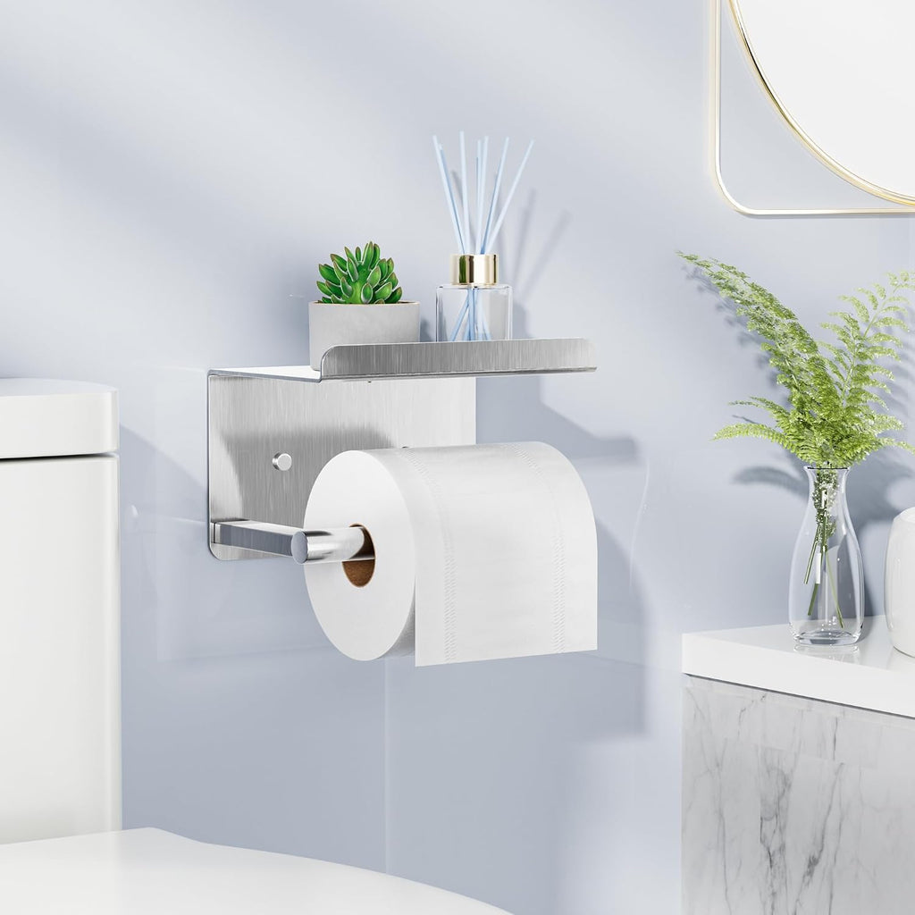 Adhesive Toilet Paper Holder with Shelf, Stainless Steel, Silver