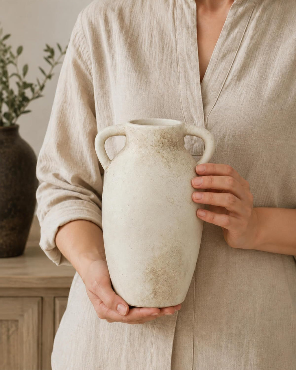 9.8 Inch Beige Ceramic Vase with Handles, Rustic Farmhouse Jug