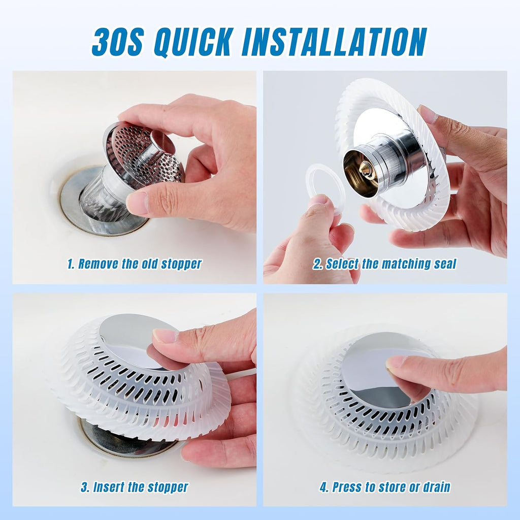 Hair Catcher Drain Stopper for Bathtub, Pop-Up with Silicone Filter, 3-Layer Brass Rust-Proof, One-Button Seal & Drain, Fits Standard U.S. Drains (1-1/2” & 1-3/8”), No Tools Needed