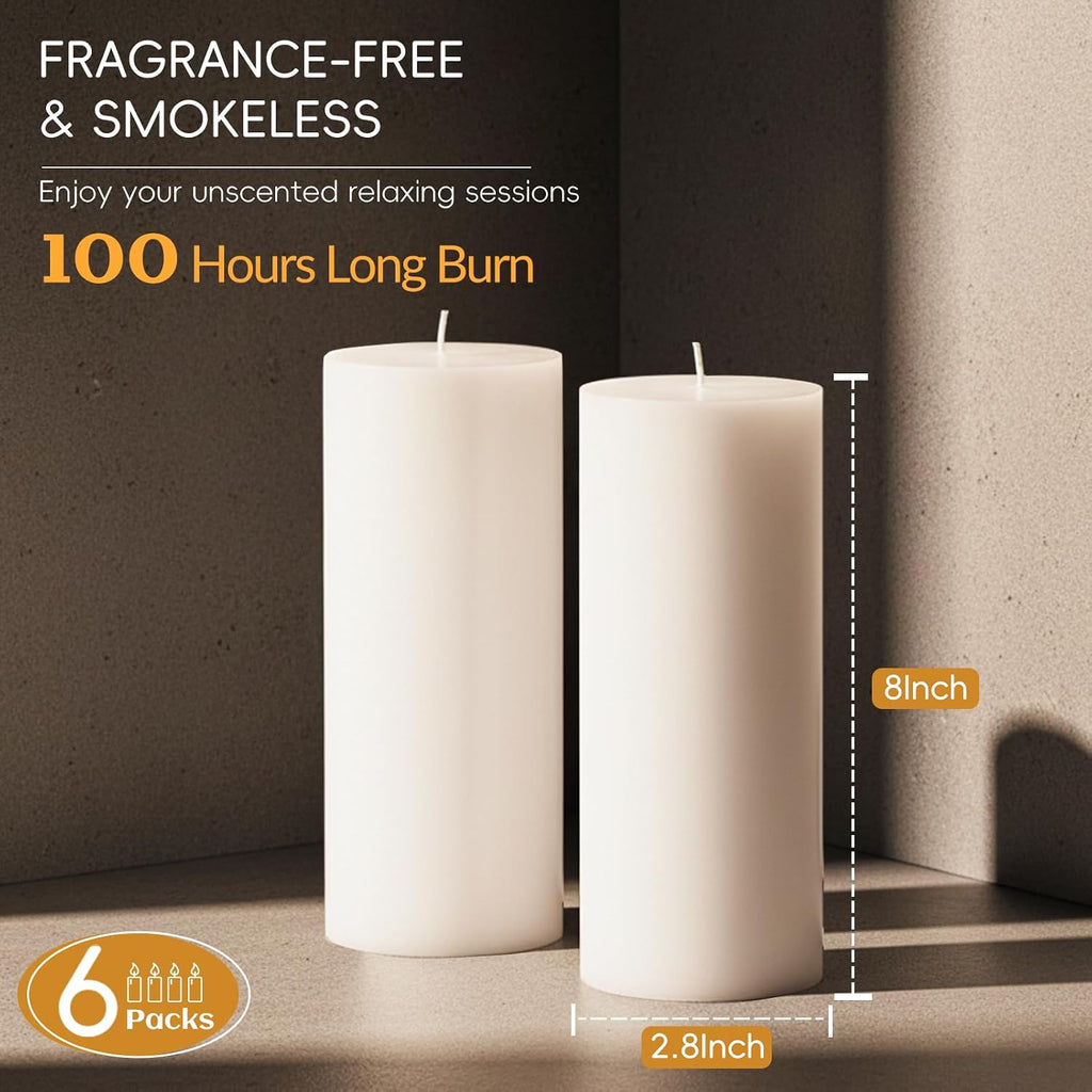 Pillar Candles White 6 Pack, 2.8x8 Inch Unscented Candle