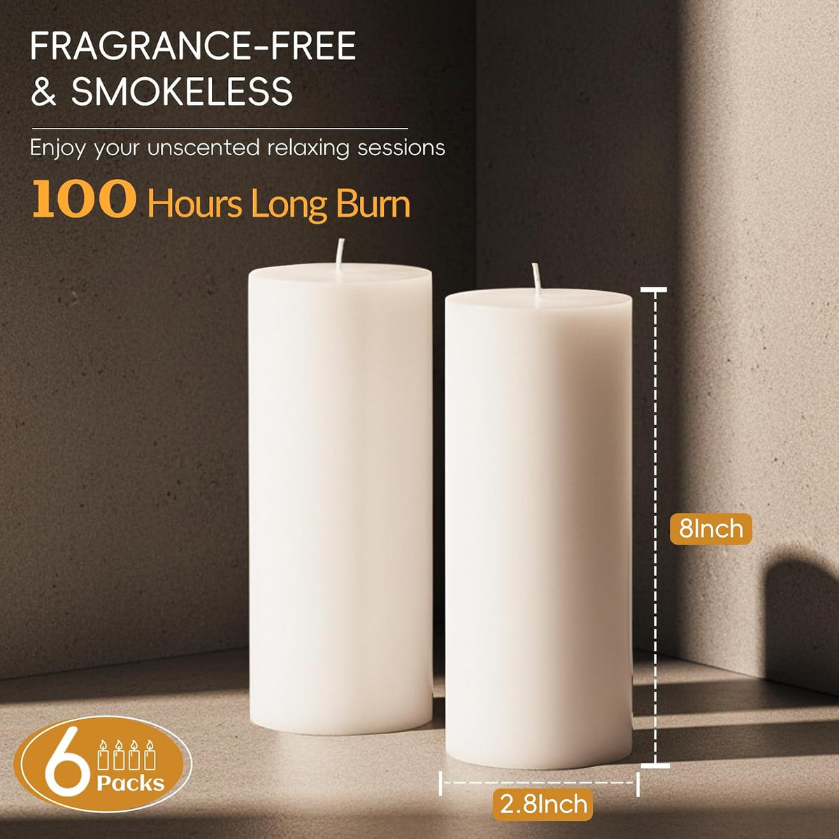 Pillar Candles White 6 Pack, 2.8x8 Inch Unscented Candle