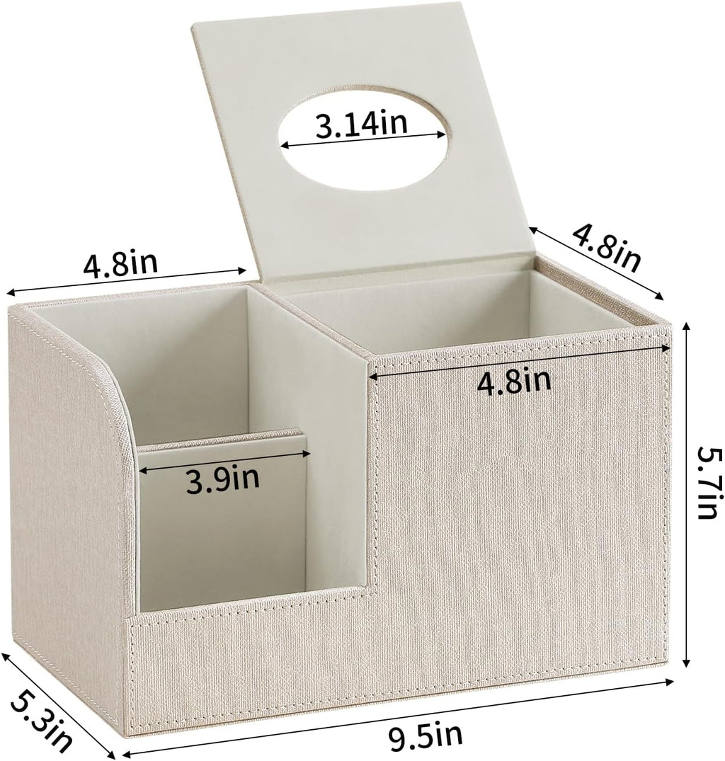 Square Tissue Box Cover with Remote Control Holder, Linen Beige