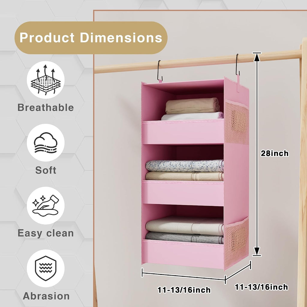 3-Shelf Hanging Closet Organizer, Washable Foldable Storage Shelves, Pink