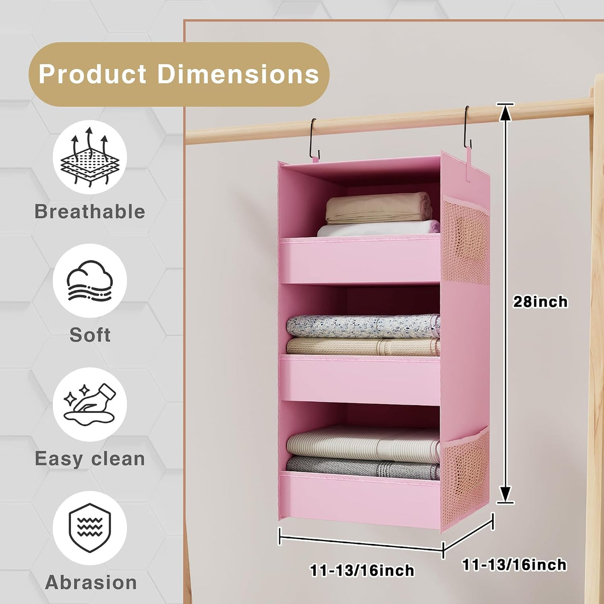 3-Shelf Hanging Closet Organizer, Washable Foldable Storage Shelves, Pink