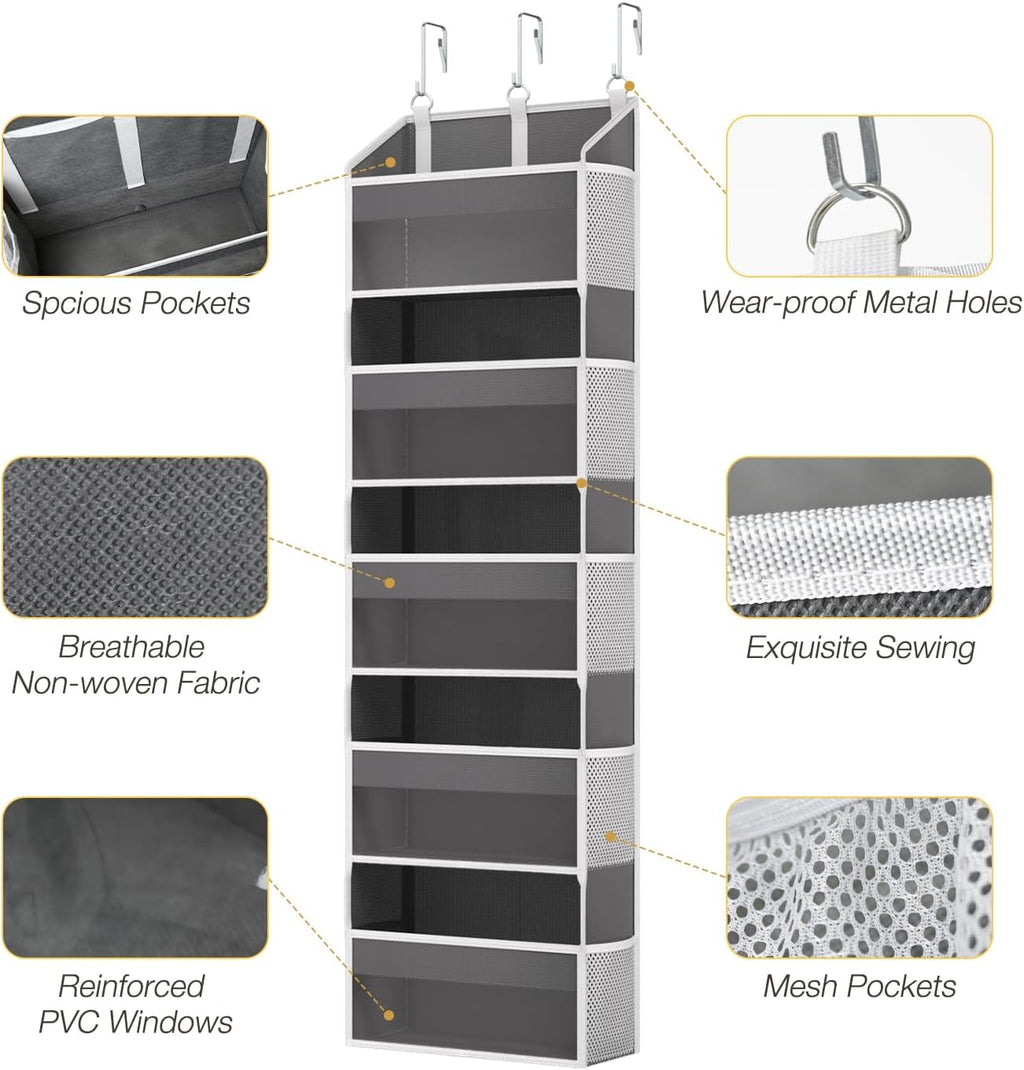 Over the Door Organizer with 5 Front & 10 MeshSide Pockets,Heavy Duty Hanging Storage Organizer 50LB Capacity Nursery & Bathroom Multi-Room Space-Saving Design with 3 Hook for Kitchen, Pantry,Grey
