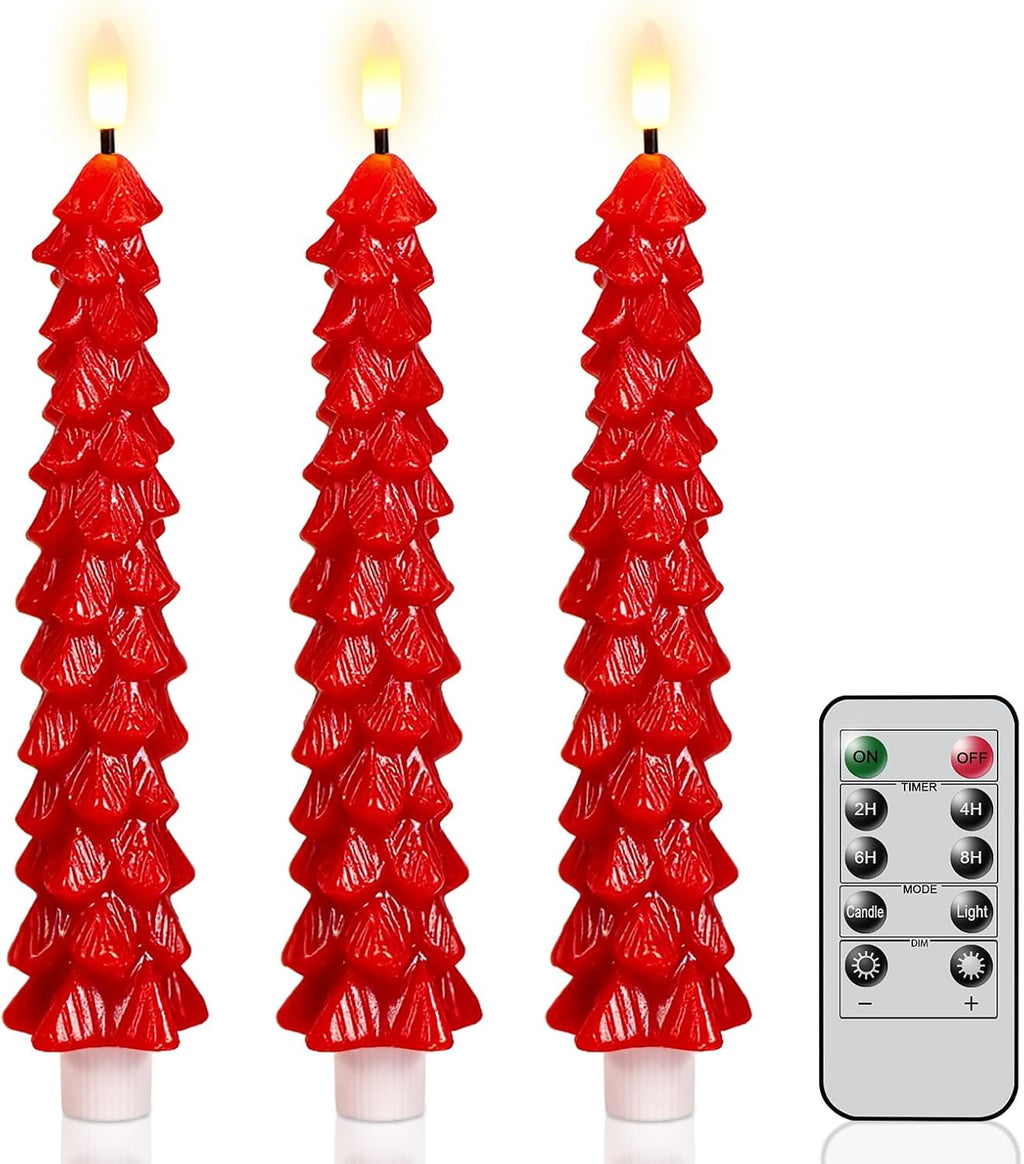 Red Christmas Tree Flameless Taper Candles Battery Operated Remote Timer