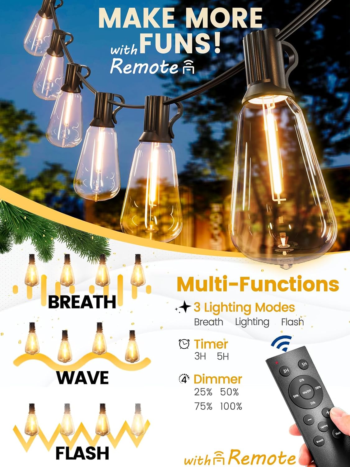 Outdoor String Lights with Remote 50FT Waterproof Patio Lights