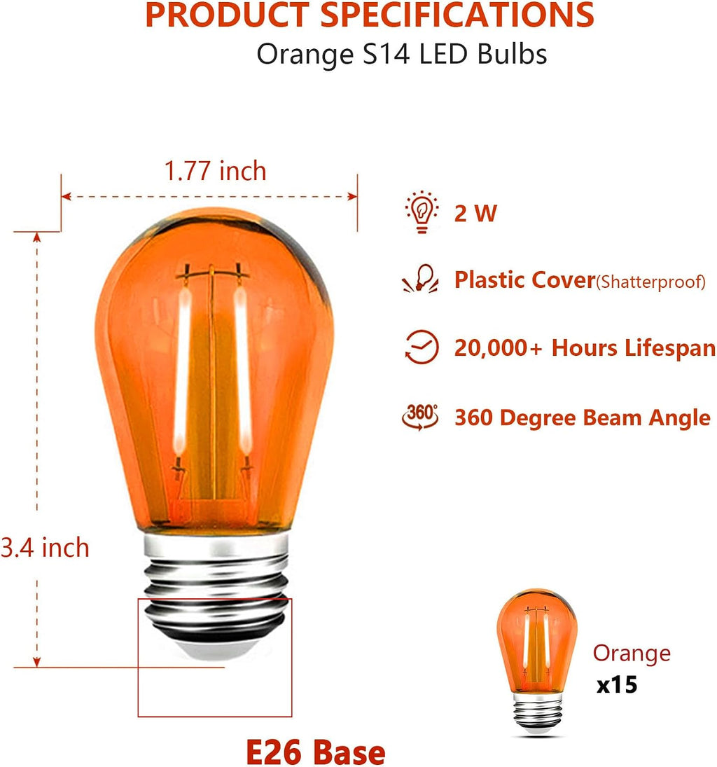 15 Pack S14 LED Orange Light Bulbs, Shatterproof 2 Watt E26 Base